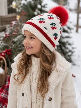 NWT Old Navy Cherry Print Beanie Hat Girls L Red Faux Fur Pom Winter Cute